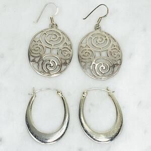 925 Sterling Silver Earrings Set of 2 Pairs Oval Flat Hoop Filigree Drop EUC